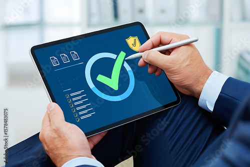 Businessman using tablet and stylus to verify system security and complete checklist on digital interface