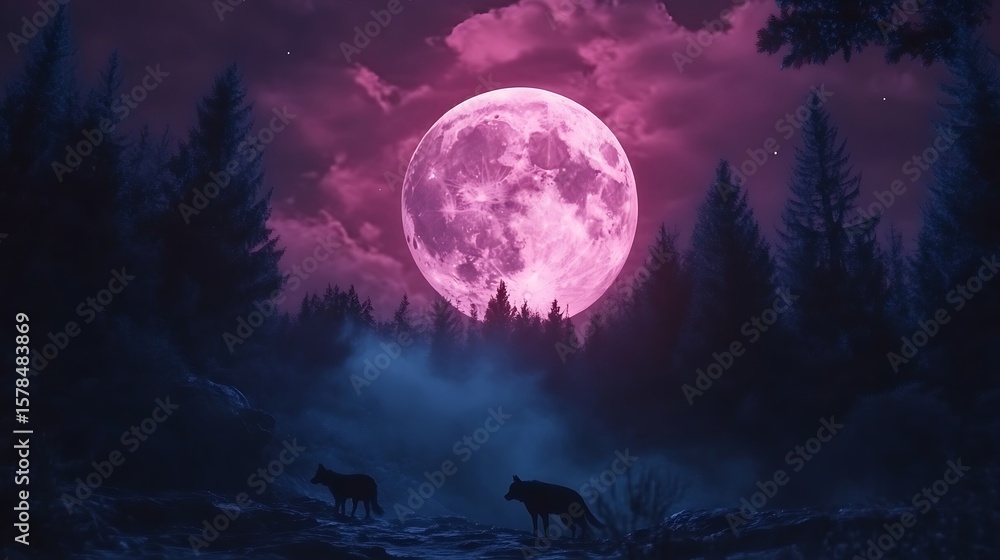 Fototapeta premium Pink moon over forest landscape