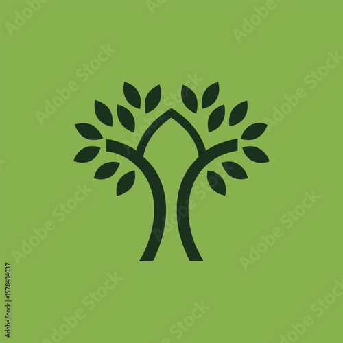Minimalist green pine tree vector logo design with green leaf. Perfect for eco-friendly brands, nature-related businesses, and outdoor adventure logos.