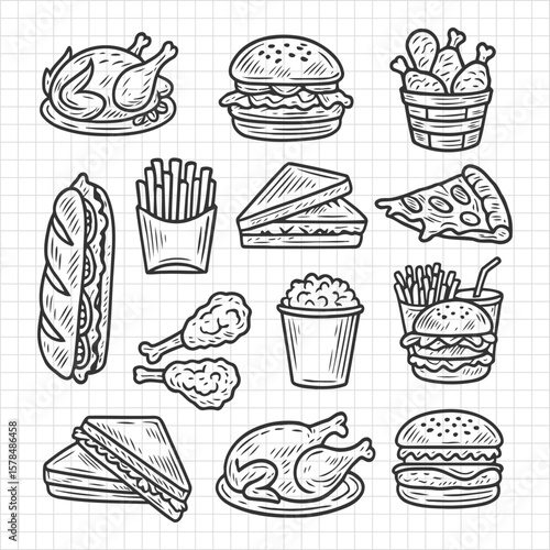 Black and White Hand Drawn Fast Food Doodle Set