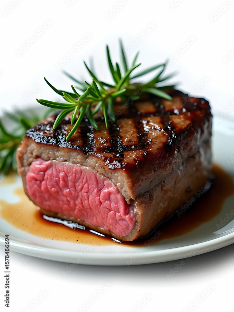 Delicious grilled beef tenderloin steak showcasing a medium rare center, garnished with fresh rosemary sprigs on a plate Delicious grilled beef tenderloin steak showcasing a medium rare center, garnished with fresh rosemary sprigs on a plate