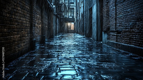 Urban alleyway wet cobblestones