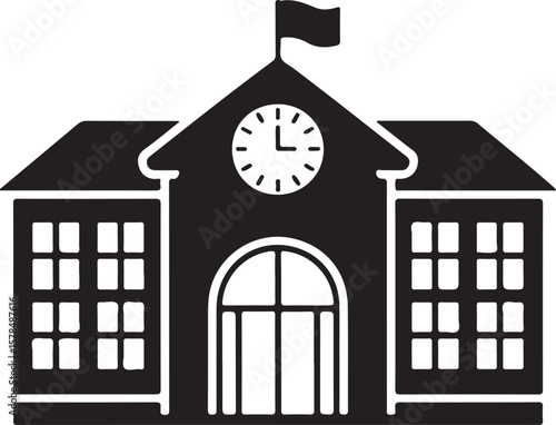 black school building with clock and flag clip art preview