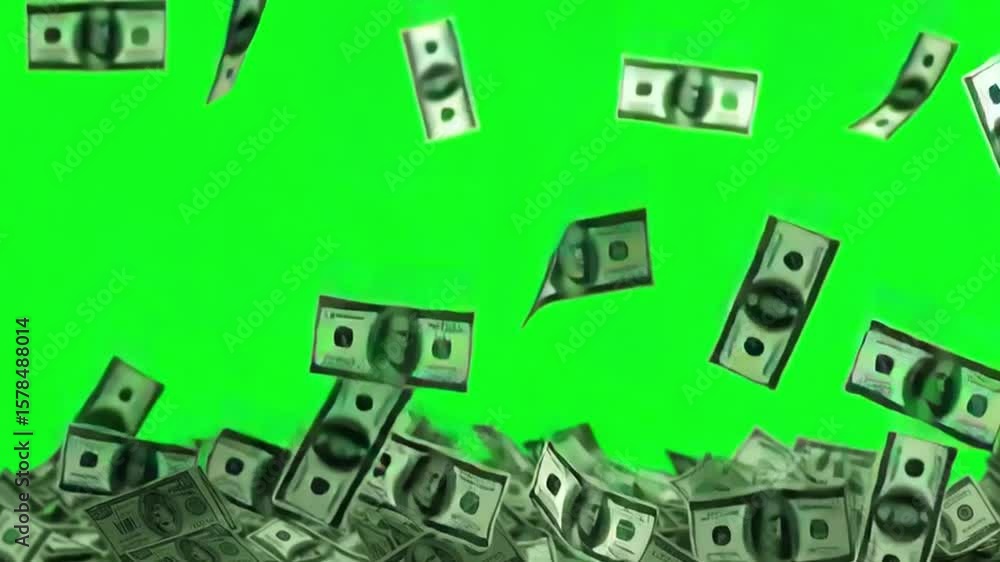 Money Rain on Green Screen: A vibrant shower of hundred-dollar bills cascades down against a bright green screen, creating a dynamic and eye-catching visual for financial success, wealth. Money Rain on Green Screen: A vibrant shower of hundred-dollar bills cascades down against a bright green screen, creating a dynamic and eye-catching visual for financial success, wealth.