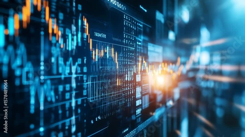 A vibrant financial data display shows fluctuating stock market graphs and charts.