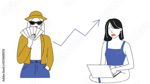 Women with money and laptop showing online income growth and financial success in modern flat illustration
