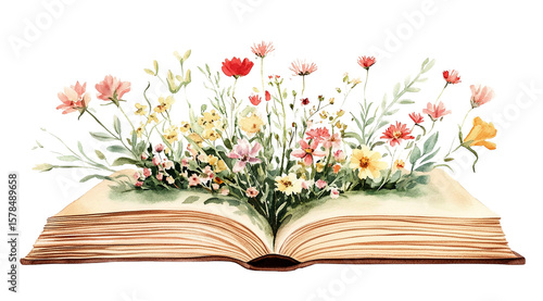 Watercolor flowers sprout from an open book, creating a vintage and whimsical illustration isolated on transparent background