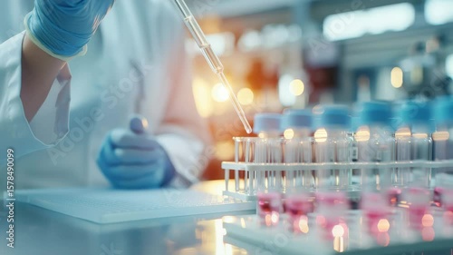 A scientist in a lab coat and gloves uses a pipette to work with test tubes filled with liquid.