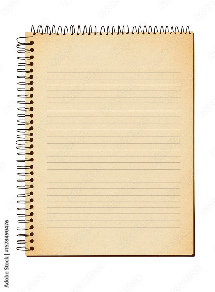 An old spiral notebook with lined paper is isolated on transparent background An old spiral notebook with lined paper is isolated on transparent background