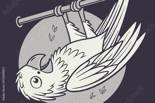 Illustration of a whimsical bird hanging upside down from a branch with leaves in the background art