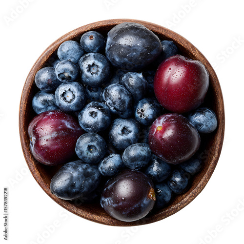 Wallpaper Mural Juicy Blueberries and Plums in Wooden Bowl, Fresh Summer Fruit Torontodigital.ca