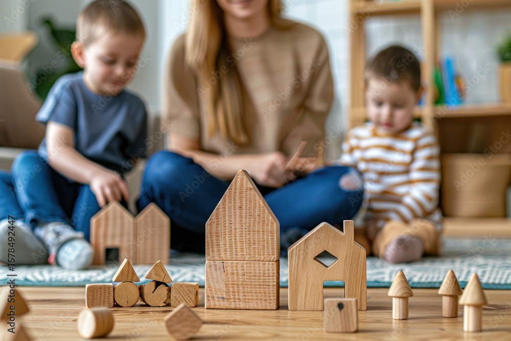 Fototapeta premium Nurturing creativity: Children building structures with wooden blocks under supervision