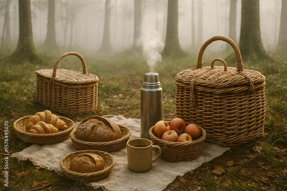Picnic Basket in Misty Forest with Croissants, Apples, and Steaming Coffee – Serene Breakfast Scene Surrounded by Nature’s Calm Picnic Basket in Misty Forest with Croissants, Apples, and Steaming Coffee – Serene Breakfast Scene Surrounded by Nature’s Calm