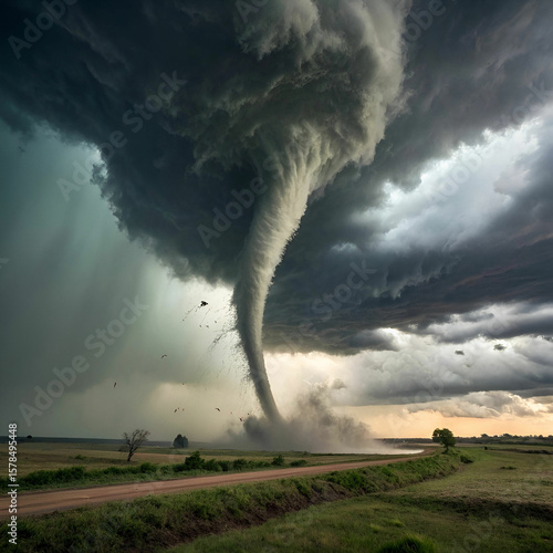 Foto A colossal tornado spirals across a rural landscape under dramatic storm clouds