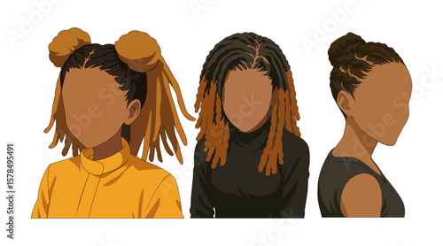Set vector illustrations black woman with cornrow. Female portrait cartoon with unique hairstyle. Stylish black lady in dreadlocks style. Flat avatar face with various haircut.