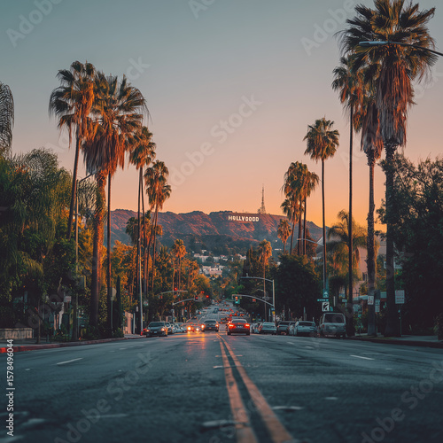 Sunset over Hollywood Boulevard with Palm Trees