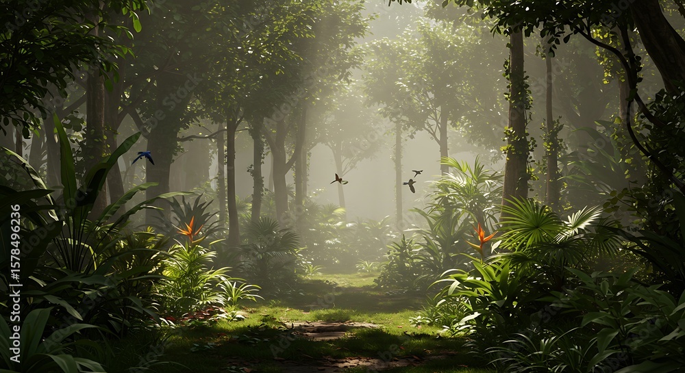 Obraz premium Tranquil tropical forest with birds