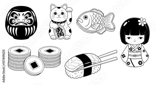 Japanese cultural symbols and items are displayed. Traditional culture, maneki neko, daruma doll, koi fish, fortune, sushi, coins, kokeshi doll.