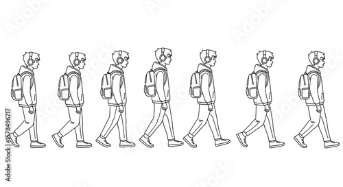 Person walks in animation cycle wearing headphones. Sequential character movement, frame animation, step cycle, walking animation.