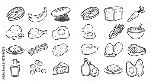 Various food items are drawn in a line art illustration. Healthy eating, balanced diet, nourishment, culinary, nutrients