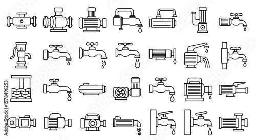 Icons depict water pumps and faucets in outline style. Plumbing, water supply, irrigation, sanitation