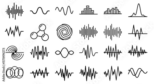 Set of various waveforms and signal patterns. Visualization, soundwave, graphic design elements, frequency patterns, vibrations