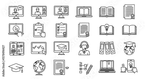 Set of outline icons related to online education and learning. Educational tools, e-learning, digital studies, virtual courses, internet lectures.