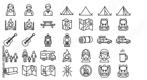 Camping and outdoor recreation icons in a line art style. Symbols for travel, nature, adventure, and equipment.