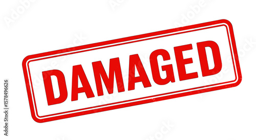 A red stamp with the word "DAMAGED" imprinted. Shows a concept of product issues, shipping damage or bad quality.