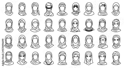 Set of woman wearing different hijab styles. Islamic fashion, muslim clothing, religious headwear, traditional culture