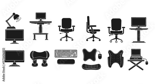 Office equipment and accessories are shown as icons. Ergonomics, remote work, work from home, online productivity