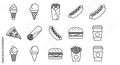 Fast food icons showing various items in a vector set. Doodle drawing of popular junk foods, meals, and beverages in outline style.