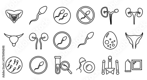 Icons depict reproductive health and fertility concepts. Human reproduction, biology, medicine, healthcare and sexual health themes are illustrated.