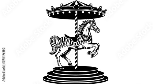Black and white drawing of a carousel horse. Vintage, fairground, merry-go-round, nostalgia, childhood.