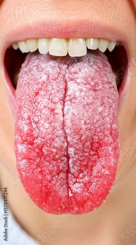 Close Up of Human Tongue Textured Surface and Coating Indicate Potential Health Issues and Oral Concerns