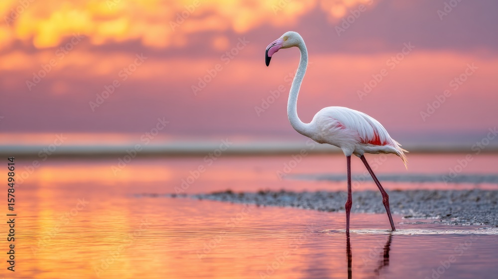 Fototapeta premium Flamingo Wading in Shallow Water During a Stunning Sunset With Vibrant Sky Colors