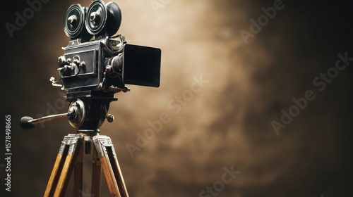 Vintage movie camera on a wooden tripod, cinematic aesthetic with warm lighting and shallow depth.
