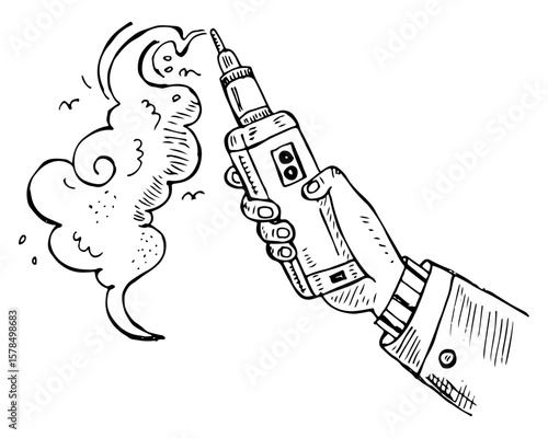 Hand holding a vaping device with vapor smoke, electronic smoking.