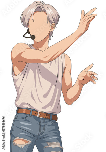 Flat vector korea boyband in action. Korean dancer performing choreography. Male idol group with blonde hair and muscular body. Kpop male member performing song wearing white outfit and white jeans.