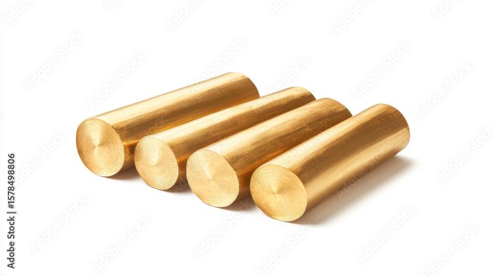 Fototapeta premium Four shiny golden brass cylindrical rods on white background.