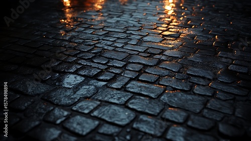 Wet cobblestone street nighttime texture