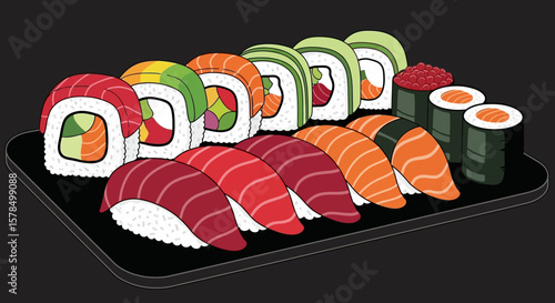 Colorful Sushi Rolls and Nigiri on Black Tray