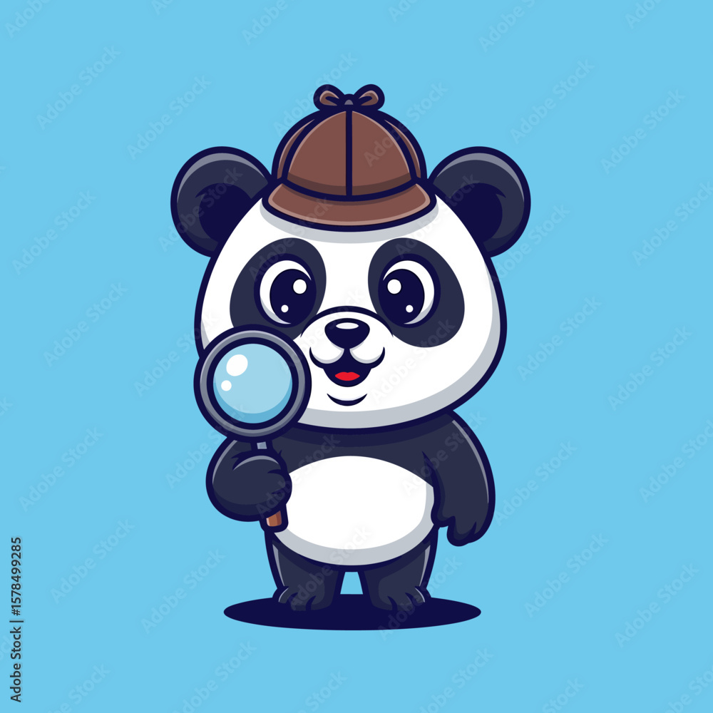 Fototapeta premium Cartoon Panda Detective with Magnifying Glass and Brown Hat