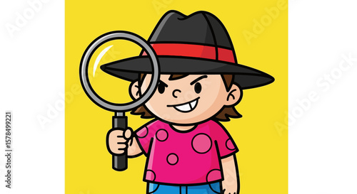 Funny Cartoon Sleuth with Magnifying Glass and Polka Dot Shirt