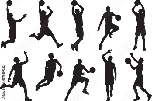 Black Silhouettes of Basketball Players in Action Posing with Basketballs on White Background