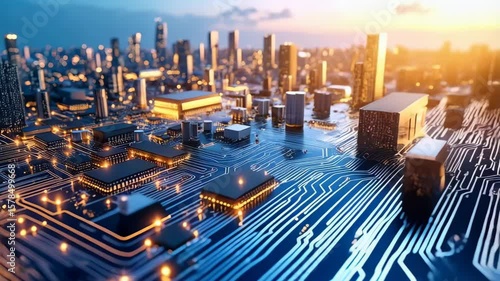 Detailed printed circuit board with semiconductor chips integrated into a futuristic cityscape with glowing lights at dusk