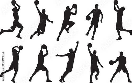 Black silhouettes of basketball players in various action poses with basketballs on a white background