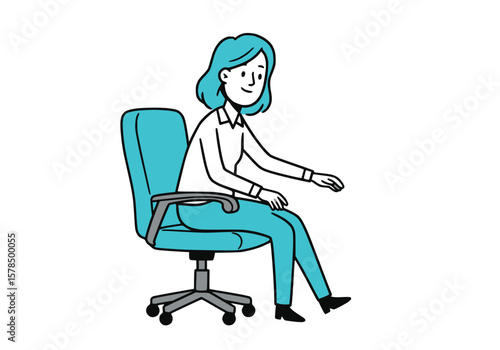 woman adjusting office chair armrest, black outline and solid aqua fill, white background