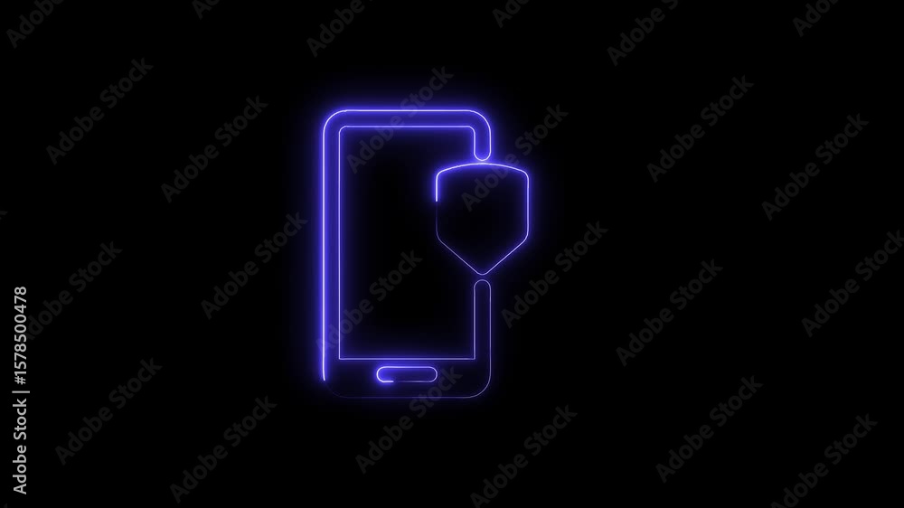 Secure mobile device concept animated glowing neon light with shield security symbol