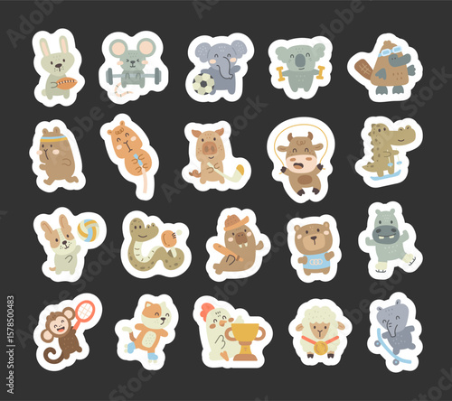 Sport animal characters set performing different activities using equipment and tools in cute scandinavian style cartoon for yours illustration and creative designs projects